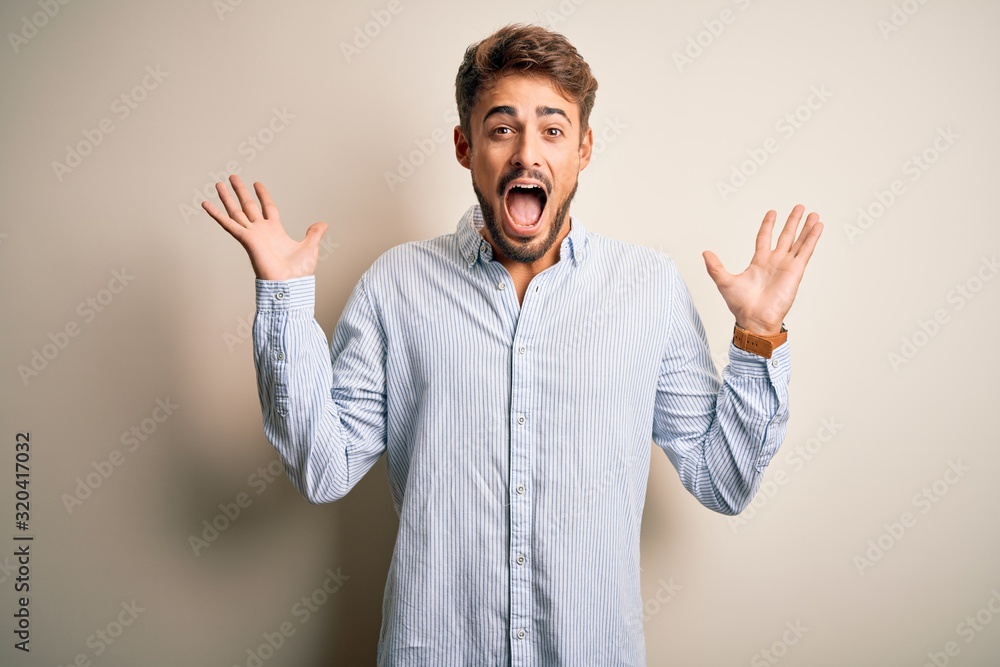 Young handsome man with beard wearing striped shirt standing over white background celebrating crazy and amazed for success with arms raised and open eyes screaming excited. Winner concept Young handsome man with beard wearing striped shirt standing over white background celebrating crazy and amazed for success with arms raised and open eyes screaming excited. Winner concept