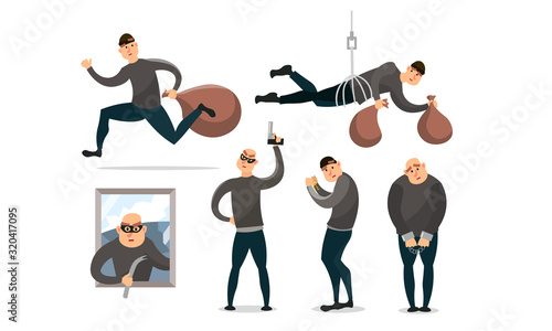 Men robbers with money and already arrested vector illustration