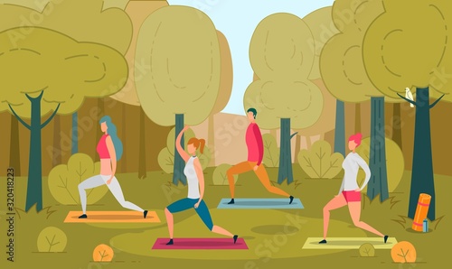 Yoga Class in Open Air Flat Vector Illustration
