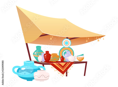 Bazaar awning with handmade pottery cartoon vector illustration. Egypt, Istanbul marketplace tent flat color object. Outdoor fair canopy with handcrafted ceramics isolated on white background