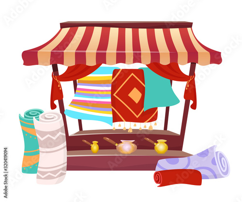 Bazaar trade awning with handmade carpets cartoon vector illustration. Eastern marketplace tent, canopy with souvenirs, persian rugs flat color object. Asian fair marquee isolated on white background