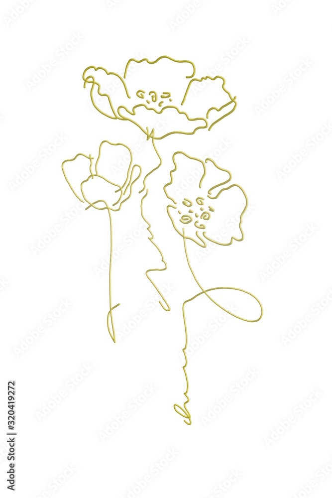 Abstract drawing of poppies drawn in gold on a white background. Abstract drawing of poppies drawn in gold on a white background.