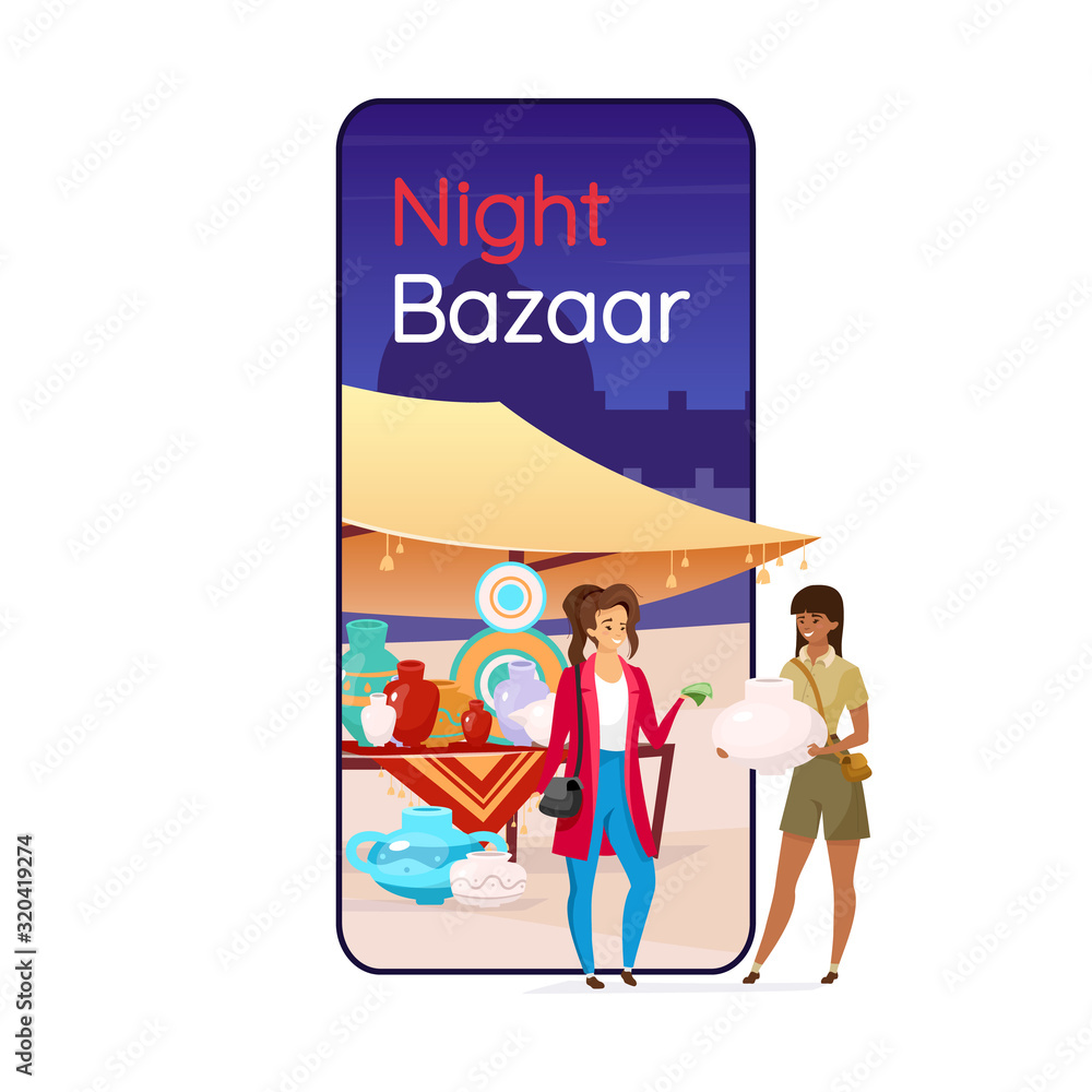 Night bazaar cartoon smartphone vector app screen. Istanbul street market. Mobile phone display with flat character mockup. Traditional eastern fair. Turkish souk application telephone interface Night bazaar cartoon smartphone vector app screen. Istanbul street market. Mobile phone display with flat character mockup. Traditional eastern fair. Turkish souk application telephone interface