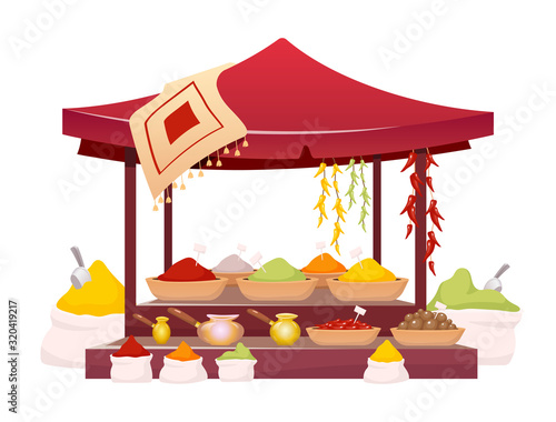 Indian bazaar tent with spices cartoon vector illustration. Thailand market awning with exotic seasoning, traditional herbs flat color object. Oriental canopy isolated on white background