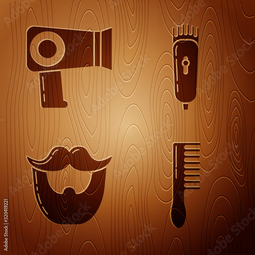 Set Hairbrush, Hair dryer, Mustache and beard and Electrical hair clipper or shaver on wooden background. Vector