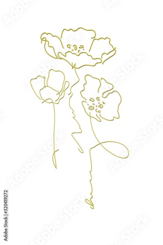 Abstract drawing of poppies drawn in gold on a white background.