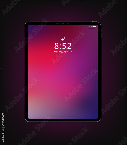 Realistic new tablet computer mockup design with abstract colored geometric wallpaper. Modern tablet PC isolated on dark grey background. Vector Illustration