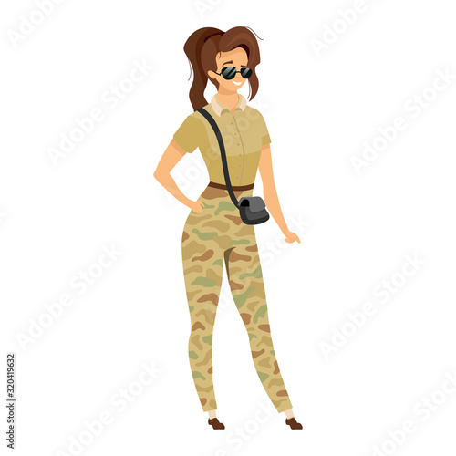 Expeditioner flat color vector illustration. Female tourist in camouflage clothes with sunglasses. Adventurer in military style uniform. Woman explorer isolated cartoon character on white background