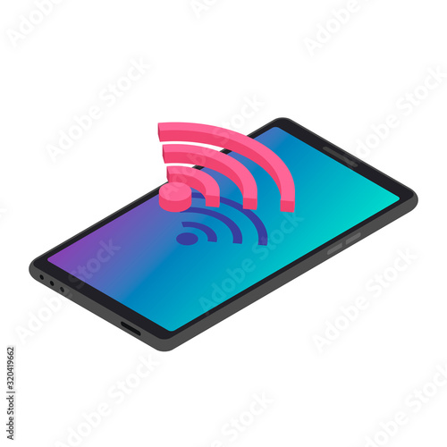 Smartphone wireless Internet connection isometric color vector illustration. Wifi signal, modern telecommunication. Mobile phone with Wi fi access 3d concept isolated on white background