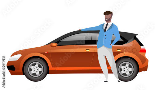 Man standing by hatchback flat color vector faceless character. African american businessman with auto isolated cartoon illustration for web graphic design and animation. Happy family car owner