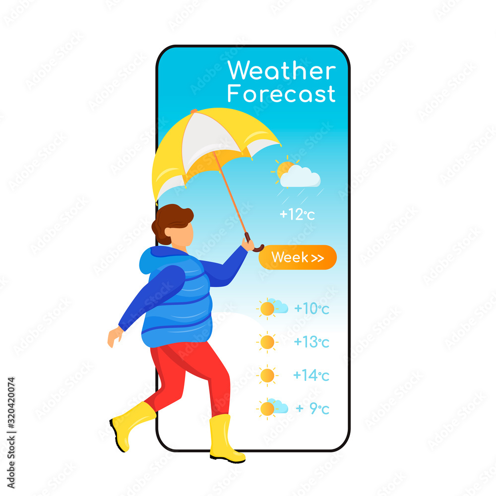 Weather forecast cartoon smartphone vector app screen. Mobile phone display, flat character mockup. Child in gumboots. Kid with umbrella. Boy in coat. Meteorology application telephone interface