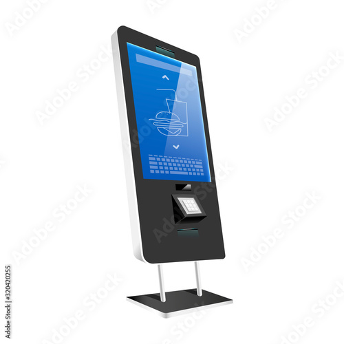 Vending kiosk with sensor panel realistic vector illustration. Innovative self service counter flat color object. Restaurant interactive stand with display isolated on white background
