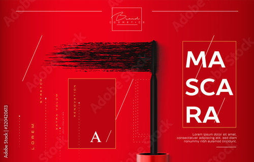Mascara make-up flyer, booklet or brochure background. Brush and mascara tube. Red tube on red background. Fashionable cosmetics Make up design for Eyes