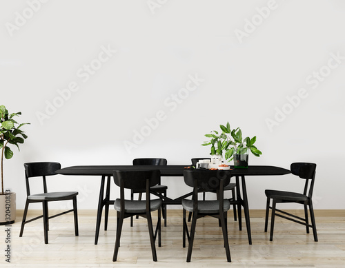 Stylish interior of bright living room with black table and chair table, with decoration. Living room interior mockup. Modern design room with bright daylight. 3d render