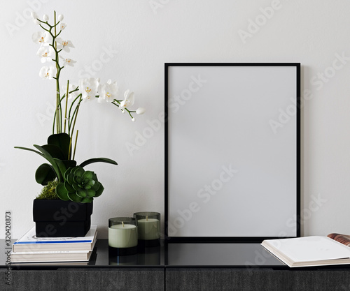mockup poster frame in modern interior background, Scandinavian style, 3D render, 3D illustration photo