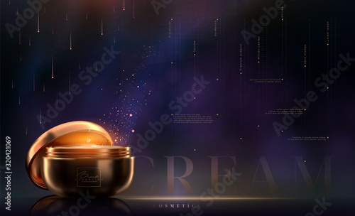 Stylish gold cosmetic template for ads, flyer or banner. Realistic 3d black and gold cosmetic jar for skin care cream. Makeup magazine template with hair care products. Luxury cosmetic products brand.