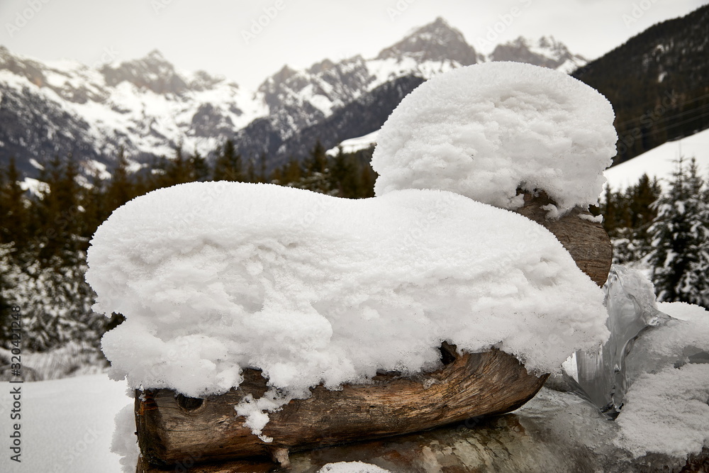 snowy wooden trough icy scenery winter snowy wooden trough icy scenery winter