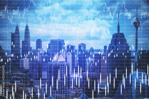 Stock charts hologram on modern city background.