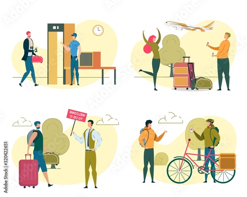 Men and Women Travel by Plane and Bike, Tourists