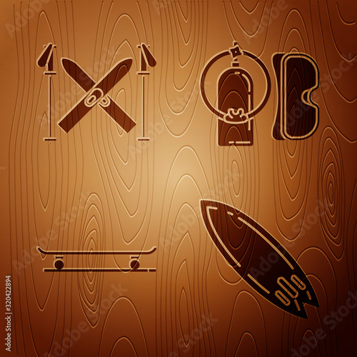 Set Surfboard, Ski and sticks, Skateboard and Diving mask and aqualung on wooden background. Vector