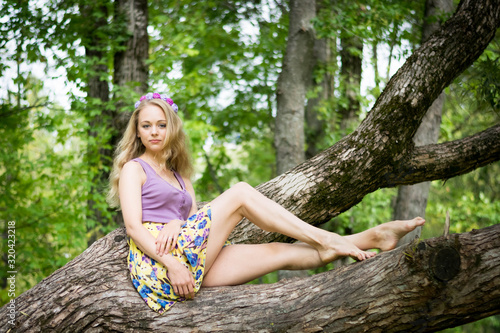 Girl with beautiful legs sitting on a tree.
