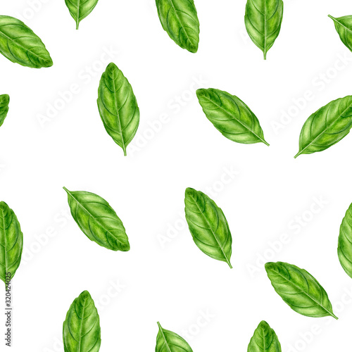 Basil leaf watercolor illustration seamless pattern. © cosmicanna