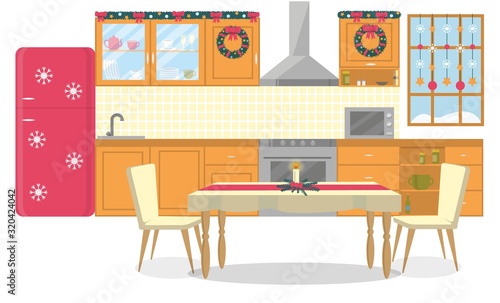 Modern Kitchen Interior and New Year Holiday Decor