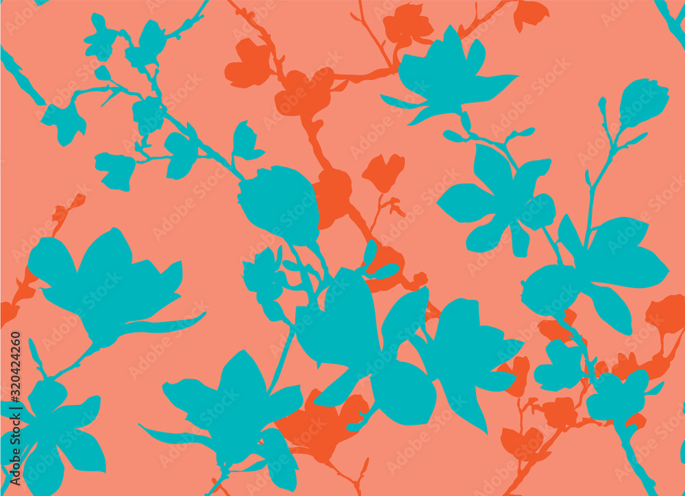 Spring floral pattern. Silhouette of spring flowering magnolia branches on an pink background. Vector illustration