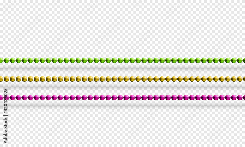 Mardi Gras beads isolated on transparent background in traditional colors purple, gold and green. Fat Tuesday decoration element. Vector illustration Mardi Gras beads isolated on transparent background in traditional colors purple, gold and green. Fat Tuesday decoration element. Vector illustration