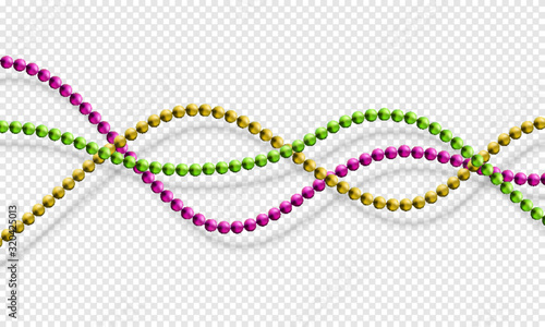 Mardi Gras beads isolated on transparent background in traditional colors purple, gold and green. Fat Tuesday decoration element. Vector illustration