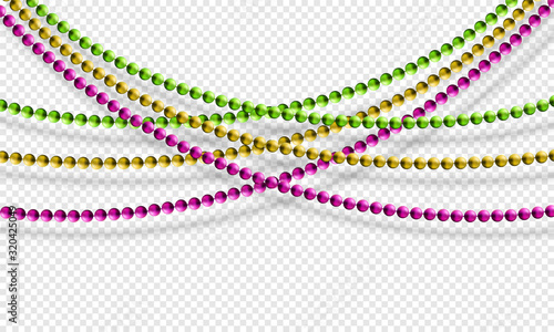 Mardi Gras beads isolated on transparent background in traditional colors purple, gold and green. Fat Tuesday decoration element. Vector illustration
