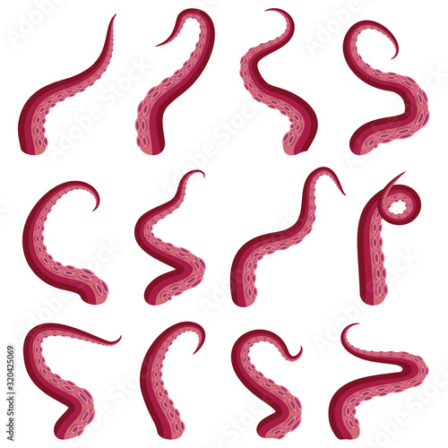 Tentacles octopus set underwater animal. Kraken or Squid red tentacle cut part isolated on white. Vector illustration