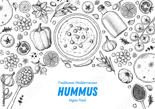 Hummus cooking and ingredients for hummus, sketch illustration. Middle eastern cuisine frame. Healthy food, design elements. Hand drawn, package design. Middle eastern food.