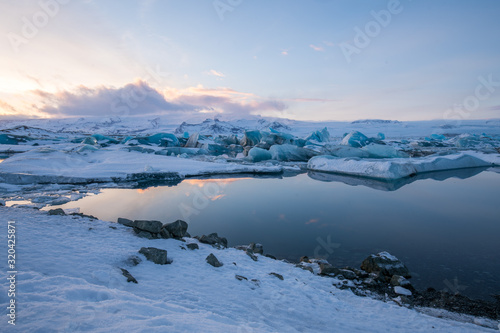 Amazing landscapes and huge glaciers in the Jokulsarlon Glacier Lagoon (glacial river lagoon) in the east Iceland