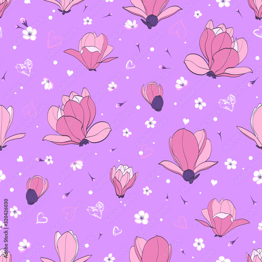 Bright seamless pattern with magnolia flowers and monstera leaves. Tropical summer background Bright seamless pattern with magnolia flowers and monstera leaves. Tropical summer background