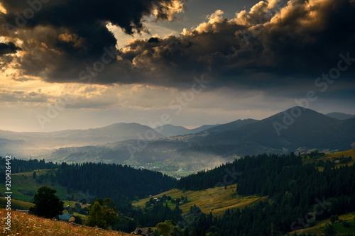 Golden sunset in carpathian mountains - beautiful summer landscape  spruces on hills  village  homes  dark cloudy sky and bright sun light  meadow and wildflowers