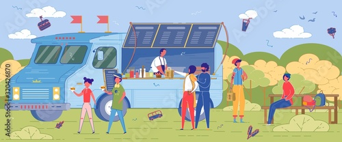 Mobile Cafeteria Truck in City Park Landscape.