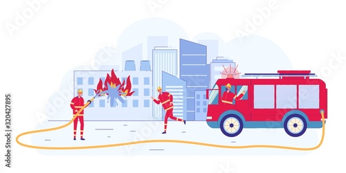 Flat Firefighters Extinguishing Flame with Water.