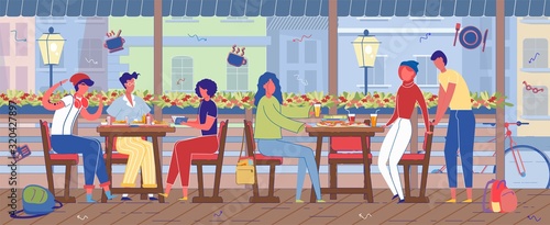 Leisure Time in Outdoor Street Cafe with Terrace.