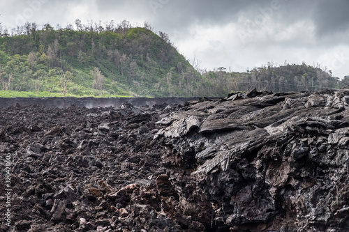 Leilani Estate, Hawaii, USA. - January 14, 2020: 2018 Kilauea volcano eruption hardened black lava field. Steam escapes out of vast black mass with green forested hill on horizon and gray rainy sky. © Klodien