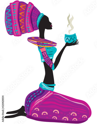 African woman in ethnic dress with cup in hands