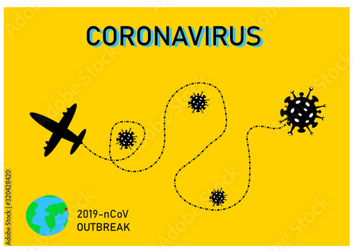 Coronavirus Outbreak in China, Wuhan virus. Web banner concept. Awareness, prevent, information, news. Plane and virus icons and earth with red spot - virus epicenter. Coronavirus (2019-nCoV)