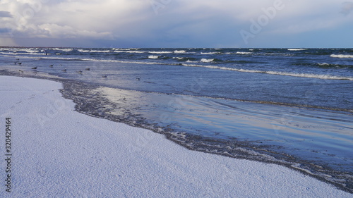 Panorama morza zimą. Zaśnieżona plaża, fale na morzu. Na niebie ciemne chmury