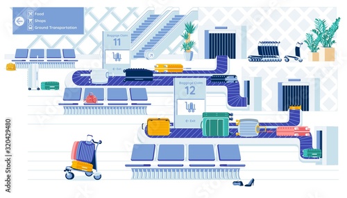 Airport Luggage Conveyor Belts with Suitcases.