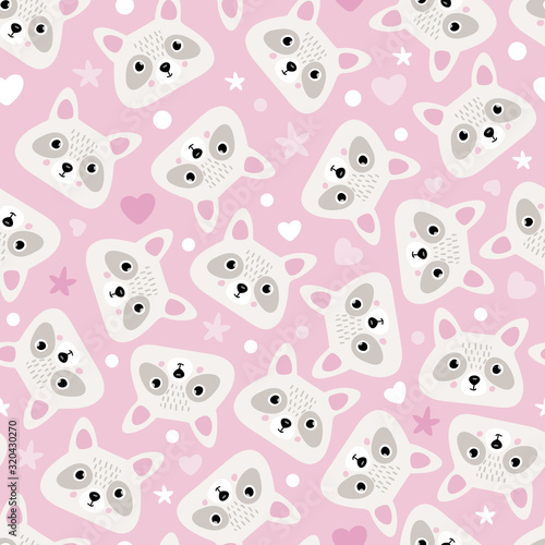 Cute seamless pattern with raccoons on pink background. Print for babies products  © Viktoriia