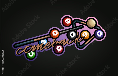 Billiard vector sport Typography sticker illustration in retro style. Vector design emblem, badge and sporty template logo design