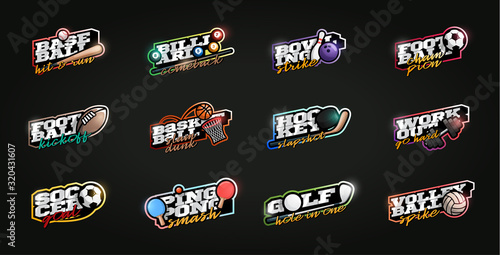 Mega sport logotype set. Modern professional sport Typography in retro style. Vector design emblem, badge and sporty template logo design. Soccer, football, power, basketball, hockey, gym, cricket