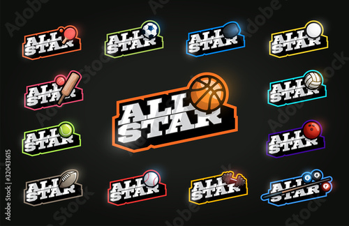 All Star Sport Set. Modern professional Typography sport retro style vector emblem and template logo design. Soccer, basketball, bowling, tennis, hockey, gym, cricket, football mega collection