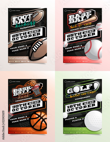 Sport Flyer Ad Set Vector. Football, Golf, Baseball, Basketball emblem logo. Design For Sport Bar Promotion Template. Modern Tournament. A4 Size. Championship Flyer Illustration