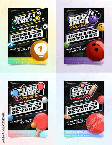 Sport Flyer Ad Set Vector. Billiard, bowling, ping pong tennis and cricket emblem logotype. Design For Sport Bar Promotion Template. Modern Tournament. A4 Size. Championship Flyer Illustration